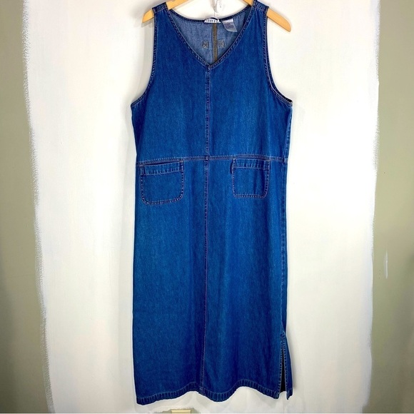Erika‎ & Co. Y2K 100% Cotton Denim Chambray Sleeveless V-Neck Maxi Dress Large - Picture 1 of 7